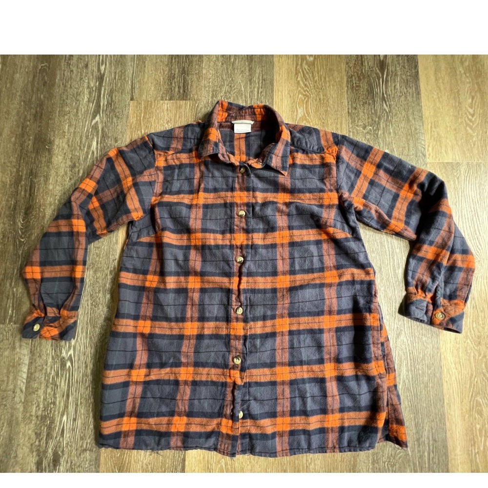 Columbia‎ Flannel Shirt Women Large Orange Blue Plaid Long Sleeve Button